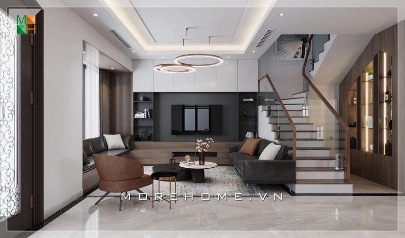 Mẫu thiết kế nội thất biệt thự hiện đại, cao cấp, nổi bật với bộ sofa bọc da màu đen trẻ trung, sang trọng