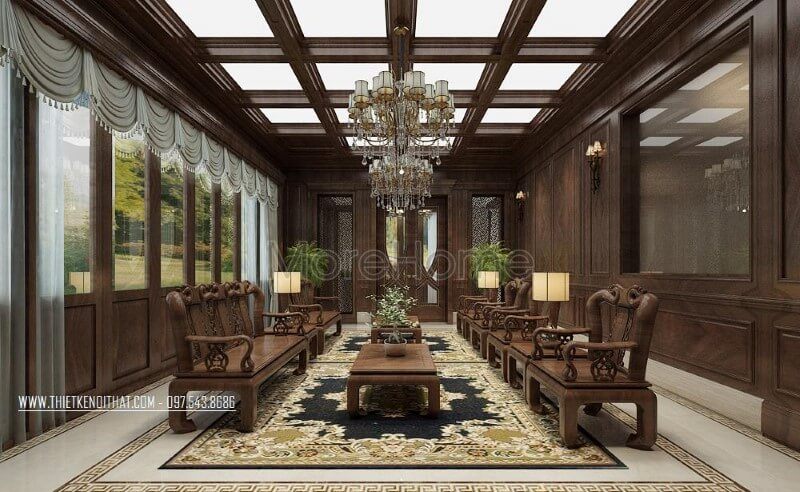 Mẫu bàn ghế sofa gỗ óc chó cao cấp cho nhà biệt thự