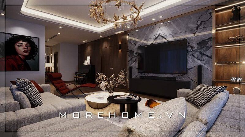 Mẫu thiết kế nội thất phòng khách biệt thự cao cấp với tông màu xám chủ đạo được yêu thích tại MoreHome