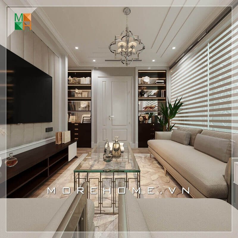 Kệ TV nhìn khá đơn giản nhưng rất hài hòa với những nội thất khác trong căn phòng. Sự kết hợp nội thất trong căn phòng khách ăn ý và logic đã tạo nên một không gian phòng khách tiện nghi và sang trọng.